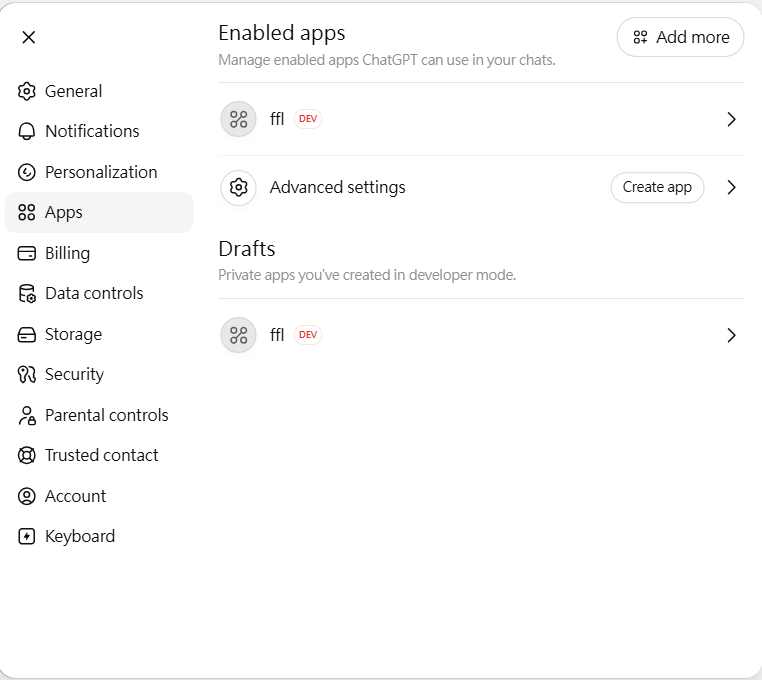Apps page with Create app button