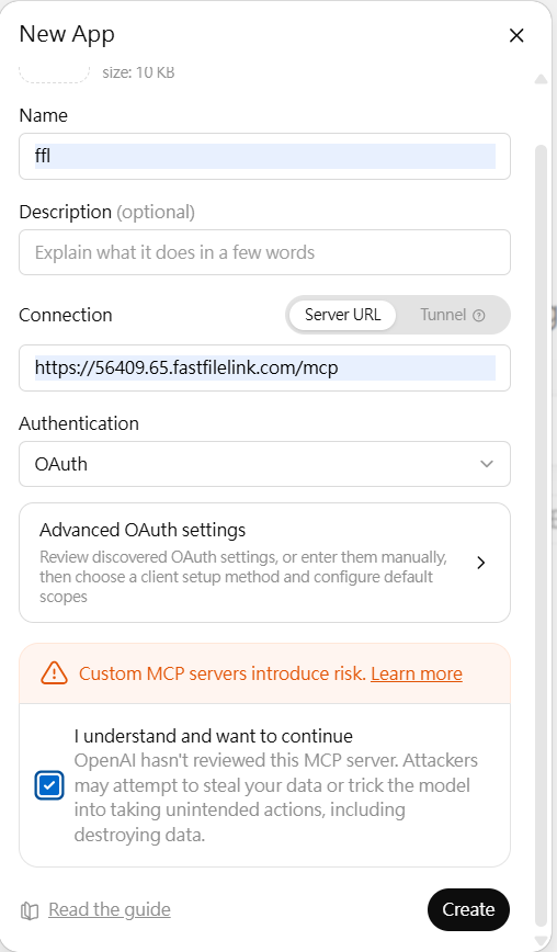 New App dialog filled in