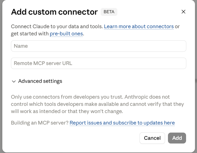 Add custom connector dialog