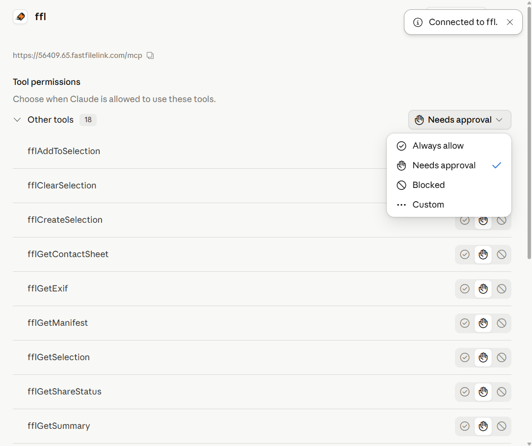 Connected with tool permissions list