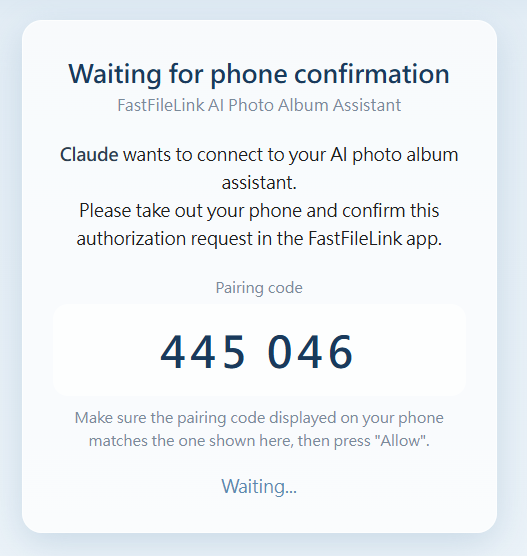 Pairing code waiting for phone approval