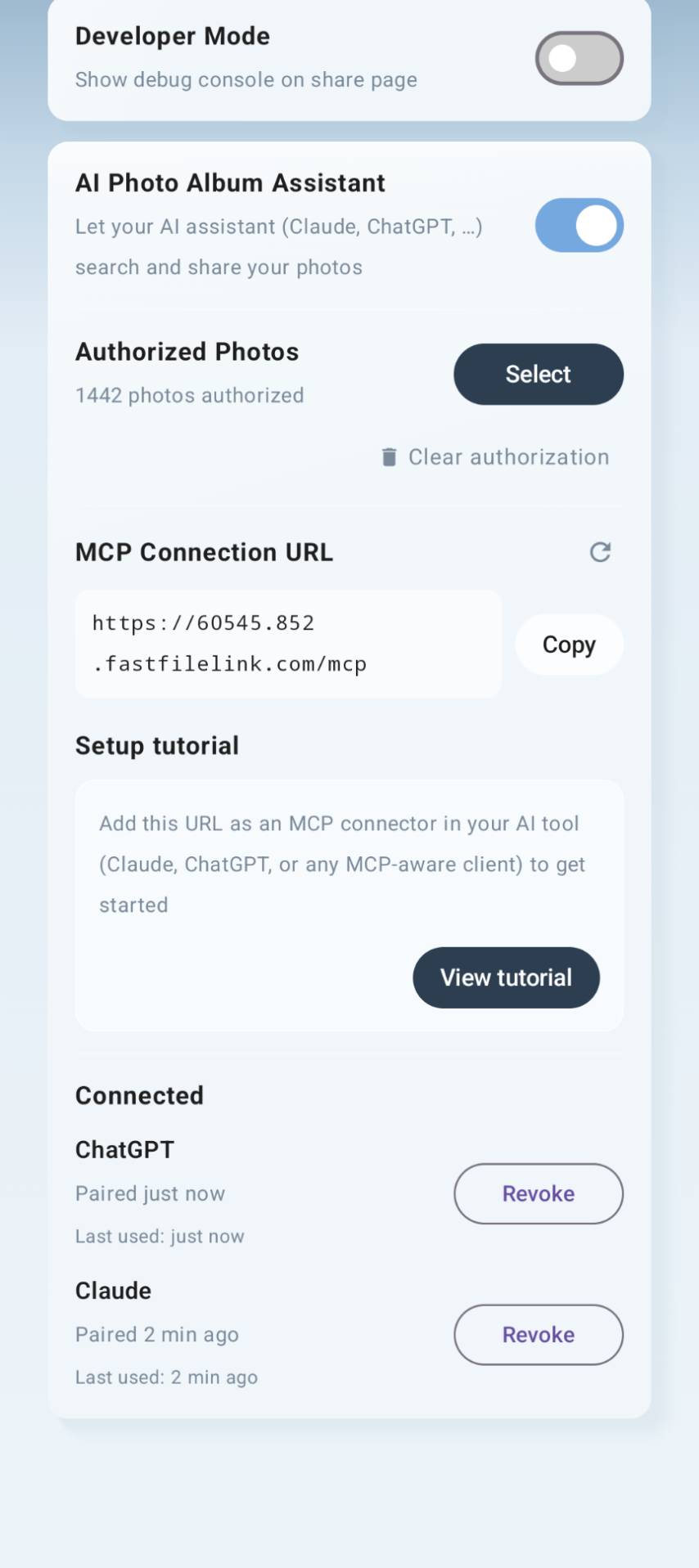 FastFileLink app showing connected clients